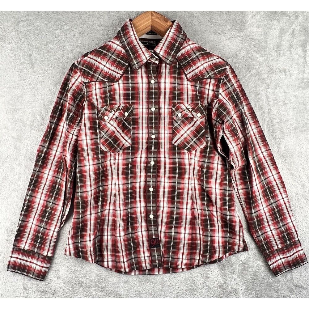 Panhandle Slim Pearl Snap Western Shirt Women's L Red Plaid Cross Aztec Country